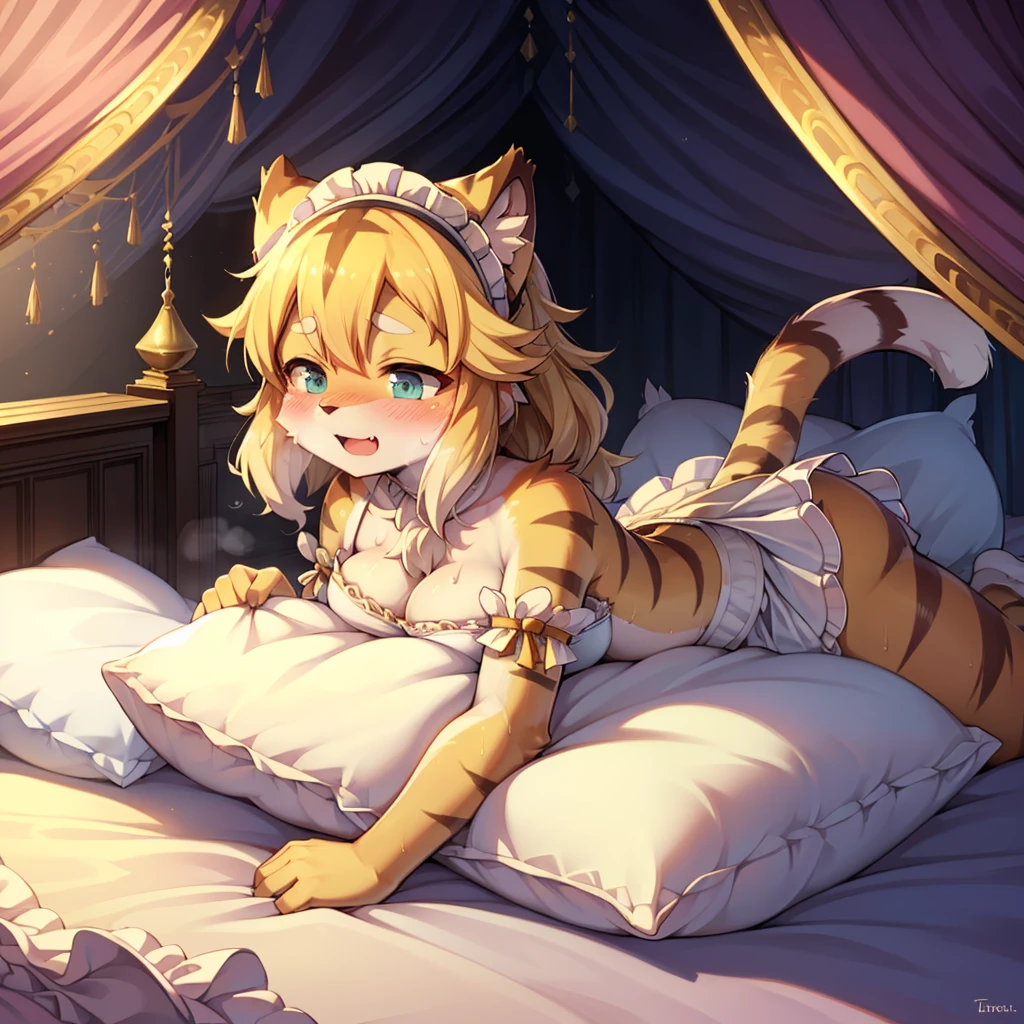 （masterpiece，best quality），mine, The Beast, , ( ））, 穿着Maid costume的可爱女孩在Pillow上摆姿势,，Maid costume，nature,, (blush),a smile，Pillow,（Lots of Pillow），Soft cushion，（canopy bed），（Pillow），Lots of Pillow，（Friction in the crotch），（（PillowCamel）），（A tail），（Around the protagonist），steam，（Pillow），（LuxuryPillow），（Palace Pillow Pattern Pillow），（palace），（Palace bedroom），（Gorgeous Pattern Pillow），Soft Pillow，，（Classical European style bedroom ），（excited，shy person，Lack of expressiveness，），pillow hump,，(Deluxe Rococo Canopy King Bed),Luxurious curtains with ornate ruffles and ribbons hang around the large bed.,((((The bed is piled with many Pillows)))),Quilt details,Detailed bed linen,Ruffled Bed Skirt,Deep Bed,Background with depth,((Pillow in detail)), ((((A Lot of Pillow))))，,，Detailed Soft Pillow,,((女孩正躺在许多Soft Pillow上,There are many Pillows around))，、、In a large canopy bed、Soft sheets and quilts、Colorful soft Pillow、Lots of Pillow、Soft toned bed、Ruffled curtains around the bed.。Delicate face，（Ornate pattern pillow），Soft pillow，，（ classical European style bedroom  ），（Excited face，Opened mouth，Shy，），，my，tiger girl，，sweaty，，（more pillows)，，Blushing，Shy,,MASTURBATING WITH PILLOW,pillow humping, crotch rub,Exhale hot air，steam