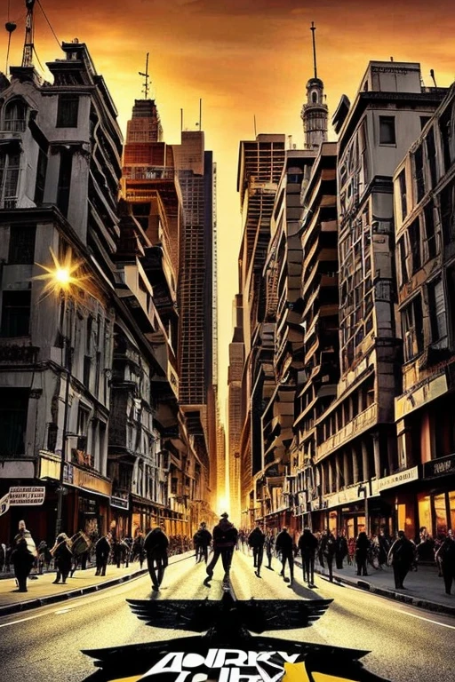  Forty monkeys loose in a city and people running and scared, dark colors apocalyptic style  