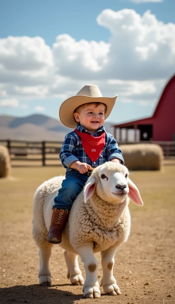 A Cute Baby Rides A Fluffy Sheep That Slowly Toddles Toward The Camera 