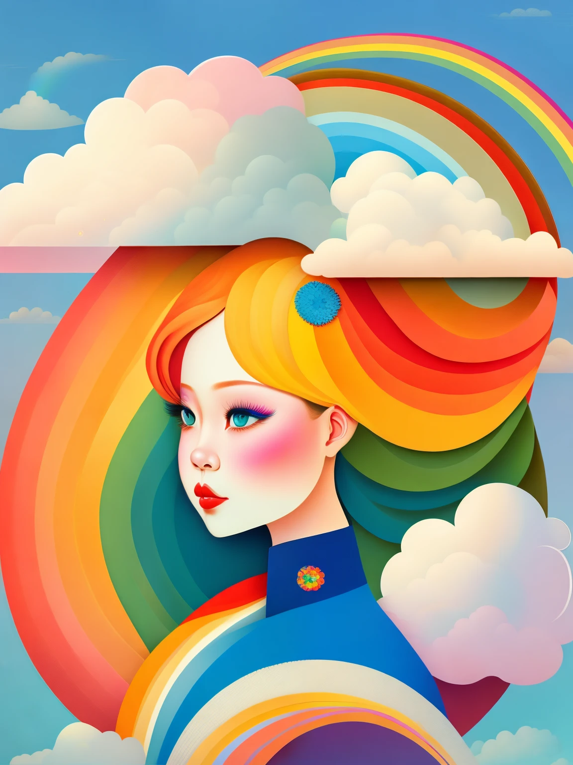 (masterpiece, best quality:1.2),art illustration，girl portrait，often neck，hair by clouds，baiyun，rainbow，The composition，stitching，dislocation，trees， rainbow,  , Contrasting colors, in the spring landscape, Abstract surreal colors,rich and colorful, popular geometric surrealism, rainbow-colored dream， icon design, Rozmin trip, Vector art，Exaggerated expression，