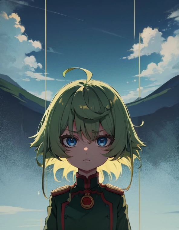 more_details:-1, more_details:0, more_details:0.5, more_details:1, more_details:1.5, serious look,girl, blue eyes, yellow hair, green military uniform, tears, arms down, full growth, landscape, red cheeks, empty head, sadness 