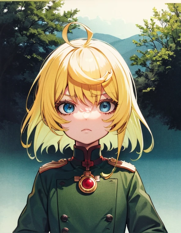 more_details:-1, more_details:0, more_details:0.5, more_details:1, more_details:1.5, serious look,girl, blue eyes, yellow hair, green military uniform, tears, arms down, full growth, landscape, red cheeks, empty head, sadness 