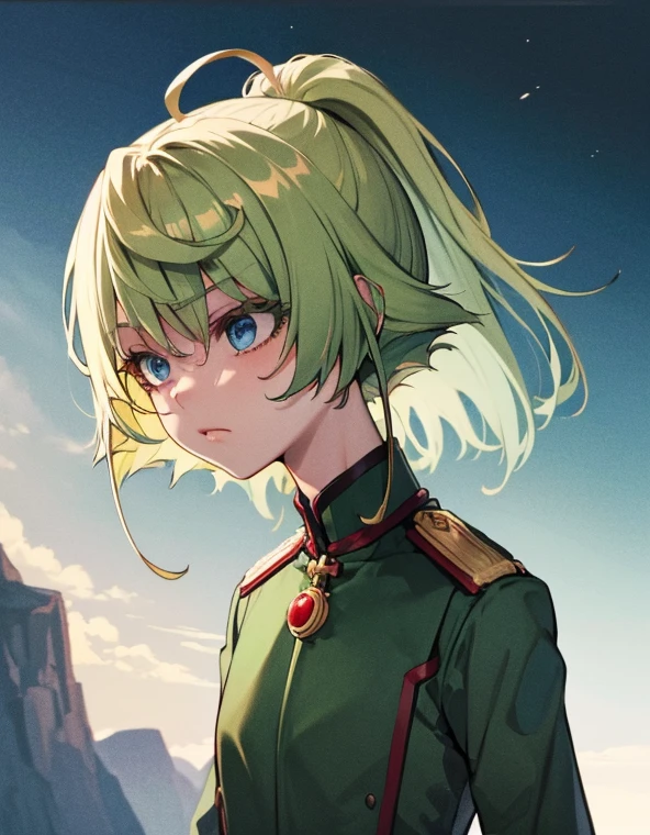 more_details:-1, more_details:0, more_details:0.5, more_details:1, more_details:1.5, serious look,girl, blue eyes, yellow hair, green military uniform, tears, arms down, full growth, landscape, red cheeks, empty head, sadness 