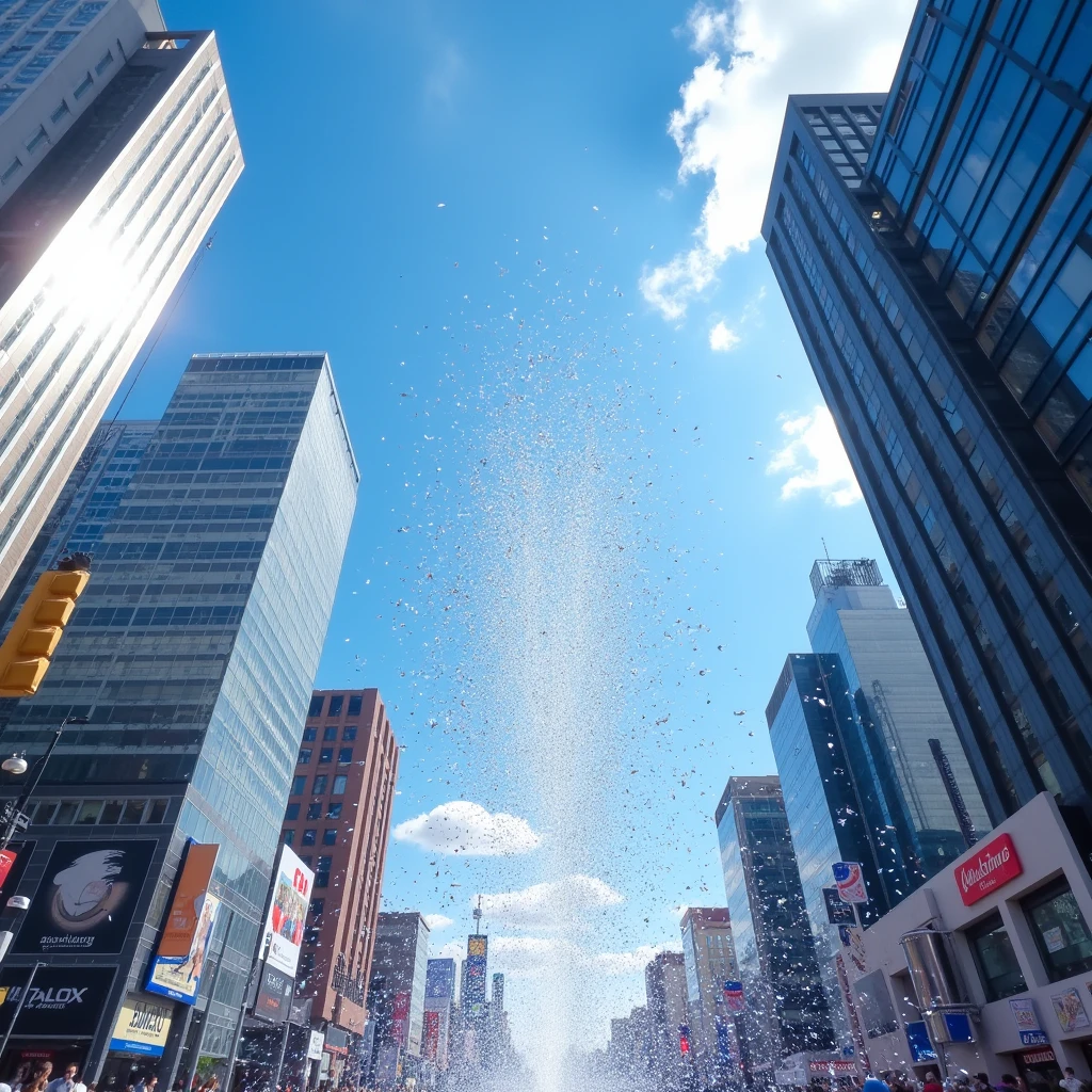 The image shows a dynamic and vibrant scene from a bottom-up perspective. The blue sky, with some scattered white clouds, dominates the upper part of the image. In the background, surrounding the scene, are tall, modern buildings with glass and paneled facades, some displaying advertisements and commercial signs.
In the central and highlighted part, silver confetti floats and reflects the sunlight, creating a sparkling and chaotic effect that contrasts with the static urban environment. The overall feeling is of a celebration or festive event taking place in the middle of a busy city. The "Kaku Drop" signature is visible in the bottom right corner.