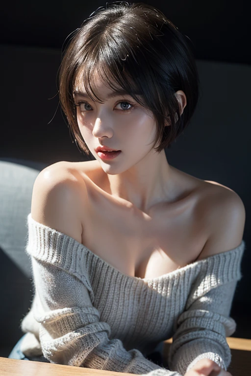 masterpiece,Highest quality,One girl,Very detailed,Improves skin quality,Ultra-high resolution,Very delicate,super high quality,Detailed face,Beautiful Eyes,(short hair:1.3),Beautiful Nose,Off the shoulder,Exposed cleavage,looking at the camera,((Dark Background)),Detailed lighting,Shining Model,Emphasize the chest,Shiny skin,Beautiful shadows,smile,(from below:1.3)