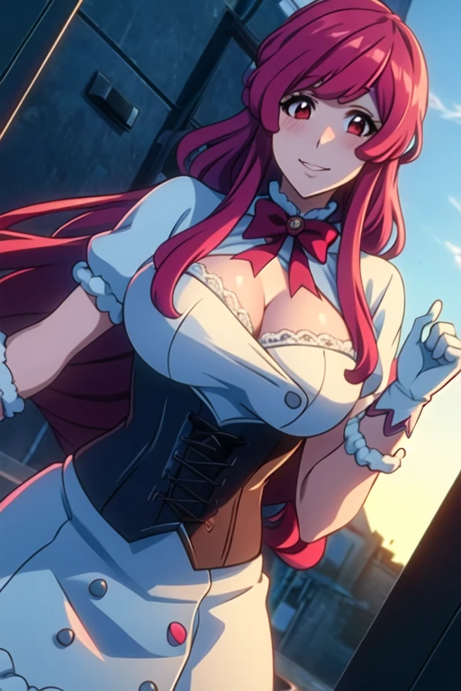 alas, blush, 1 girl, Alone, long hair,  smiling, Gloves,  big breasts, neckline, red eyes, has,  lingerie ,  Pink hair,pink corset ,corset con neckline,  puffy embroidered corset, looking at the viewer,  medium high ..