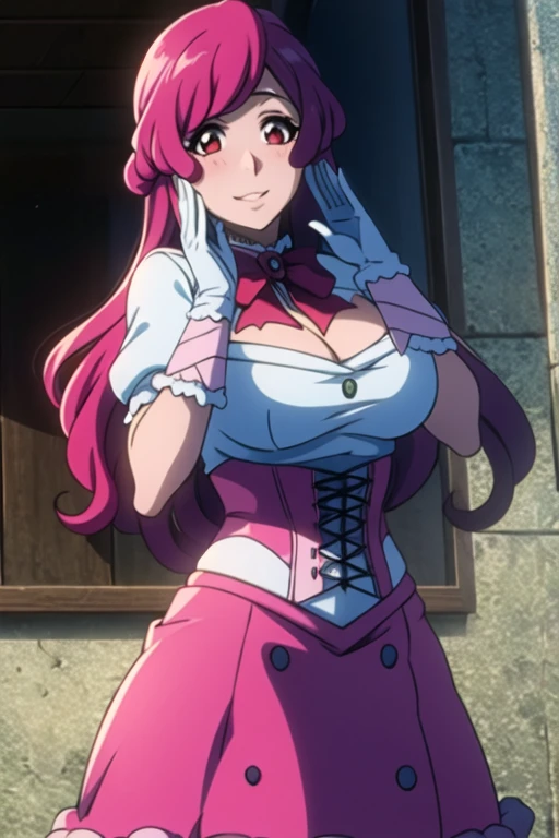 alas, blush, 1 girl, Alone, long hair,  smiling, Gloves,  big breasts, neckline, red eyes, has,  lingerie ,  Pink hair,pink corset ,corset con neckline,  puffy embroidered corset, looking at the viewer,  medium high ..