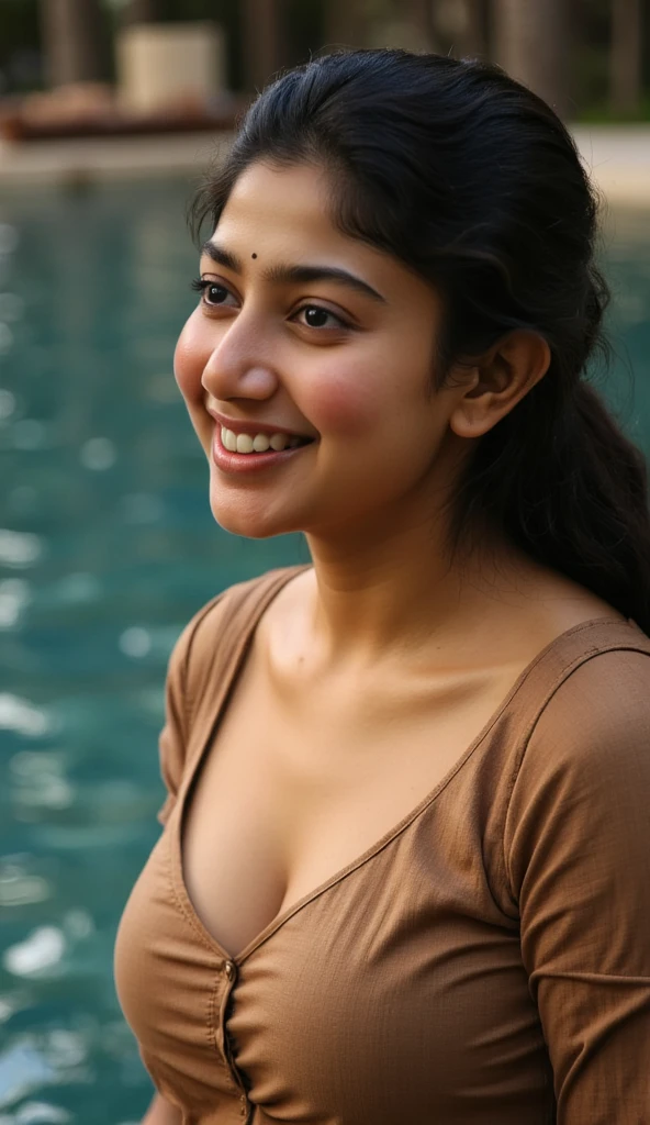  Lookimg at viewer, showing navel, photo of  ( Sai pallavi) in Hellblade: Senua's Seductress, in a swimming pool, long free hair, sexy expression, dirty face, finely detailed eyes, moody, swim wear epic scene, realistic lighting, extremely detailed volumetric rays  . 35mm photograph, film, bokeh, professional, highly detailed,( showing her cleavage and navel)