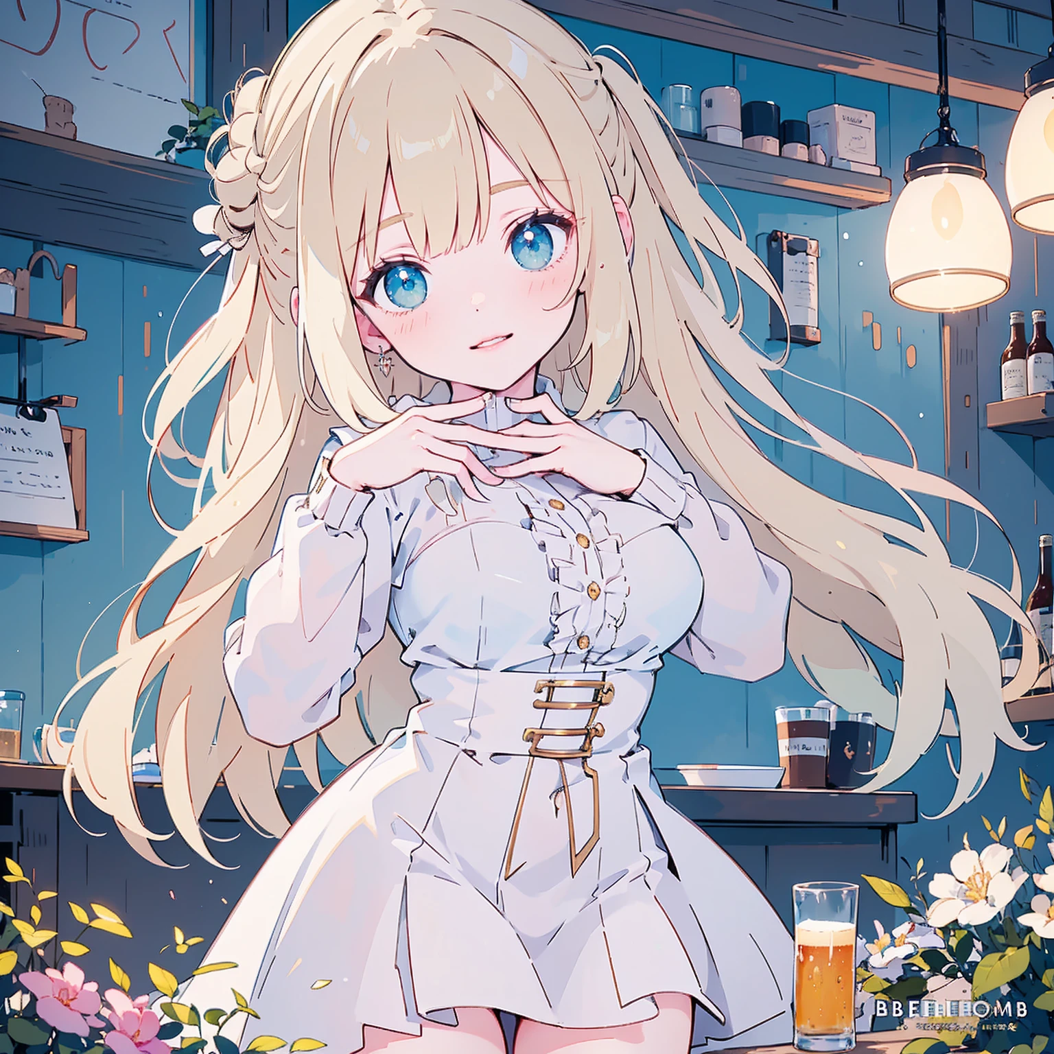 Photorealistic、Highest quality、Highest Resolution、Highest quality、8K、Beautiful woman、smile、Smile、looks fun、Stylish bar、Many customers、wine、cheers、