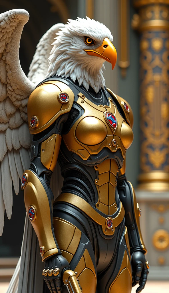 Imagine an anthropomorphic warrior eagle , that mixes soldier elements and advanced technology . His left half is cybernetic , with a golden armor that covers his arm and part of his torso , while the right half has a muscular wing with silver feathers. She wears a combat suit with a symbol on her , in a red and blue color . She holds an advanced weapon in one hand and is in a luxurious and ancient environment, with gold details and detailed architecture in the background , which refers to a monument . The character's expression is serious and determined , combining honor with technological .