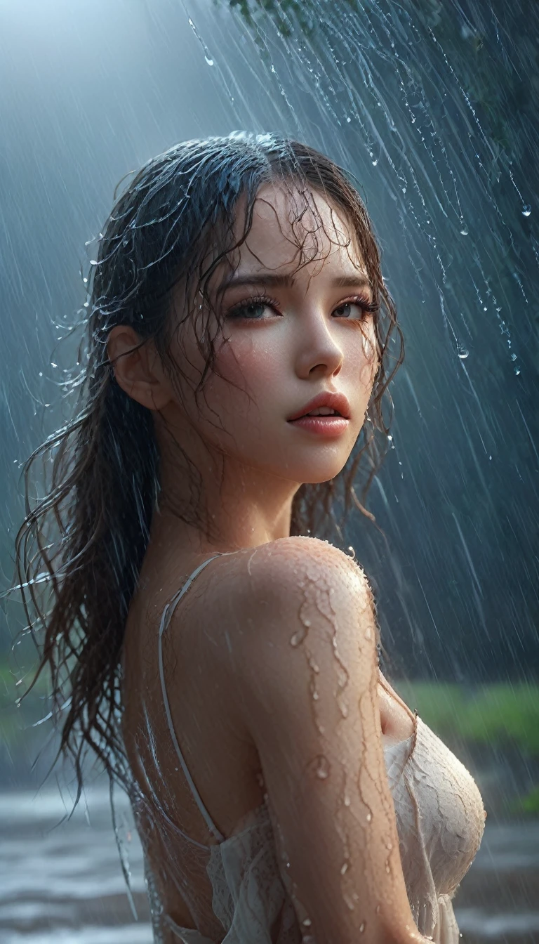 Landscape view, Full body shot of A young and extremely beautiful woman was playing rain , heavy rain、Pouring rain、motion blur effect , Beautiful detailed eyes、Beautiful detailed lips、Highly detailed eyes and face、Long eyelashesraindrop、Cloudy、Long Shot、Moody lighting、atmosphere、Natural Tone、Cinematic、8K、high quality、masterpiece、Photorealistic