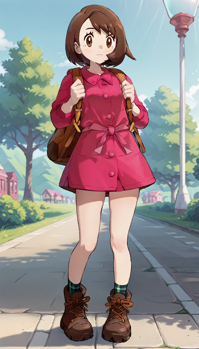 score_9, score_8_up, score_7_up, BREAK, 1girl, solo, Gloria, bob cut, pink dress, brown footwear, boots, plaid socks, green socks, brown backpack, looking at viewer, closed mouth, official style, standing, countryside, outdoors, thighs, close-up shot of breast to thigh, from front