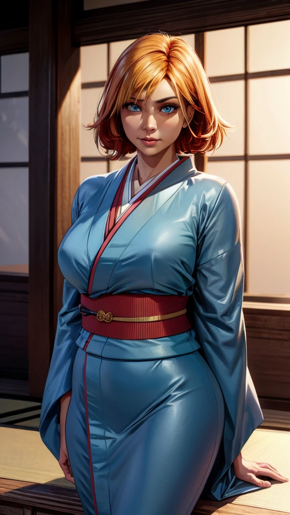 joanna dark, short hair, red hair, blonde hair, blue eyes, (((sexy kimono))), (((tanned skin))), pump lips, ((fit body)), masterpiece, high contrast, detailed, skin texture, hyper detailed, best quality, high resolution, detailed, (high detailed skin:1.2), 8k uhd, dslr, soft lighting, high quality, film grain), even, neutral light, key light, bold, bright colours, (((japanese mansion, traditional japanese mansion))), in PIT-Erotic-style style