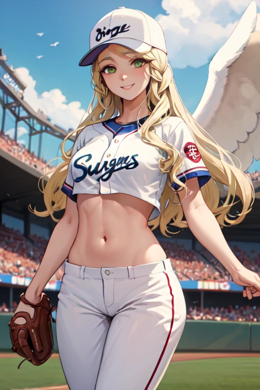 masterpiece, best quality, leanne, wings, baseball cap, slutty baseball uniform, baseball stadium, cowboy shot, smile, breasts, underboob