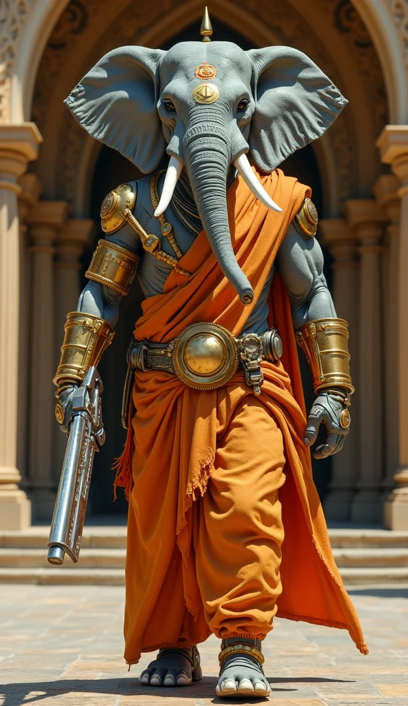 Imagine an anthropomorphic elephant warrior futurist, that mixes elements of a guru and advanced technology . His left half is cybernetic , with a golden armor that covers his arm and part of his torso , while the right half has a muscular arm with some scars. He wears a spiritual costume with a symbol on his , in an orange and white color . He holds an advanced weapon in one hand and is in a luxurious and ancient environment, with gold details and detailed architecture in the background , that refers to a palace . The character's expression is serious and determined , combining wisdom with technological .
