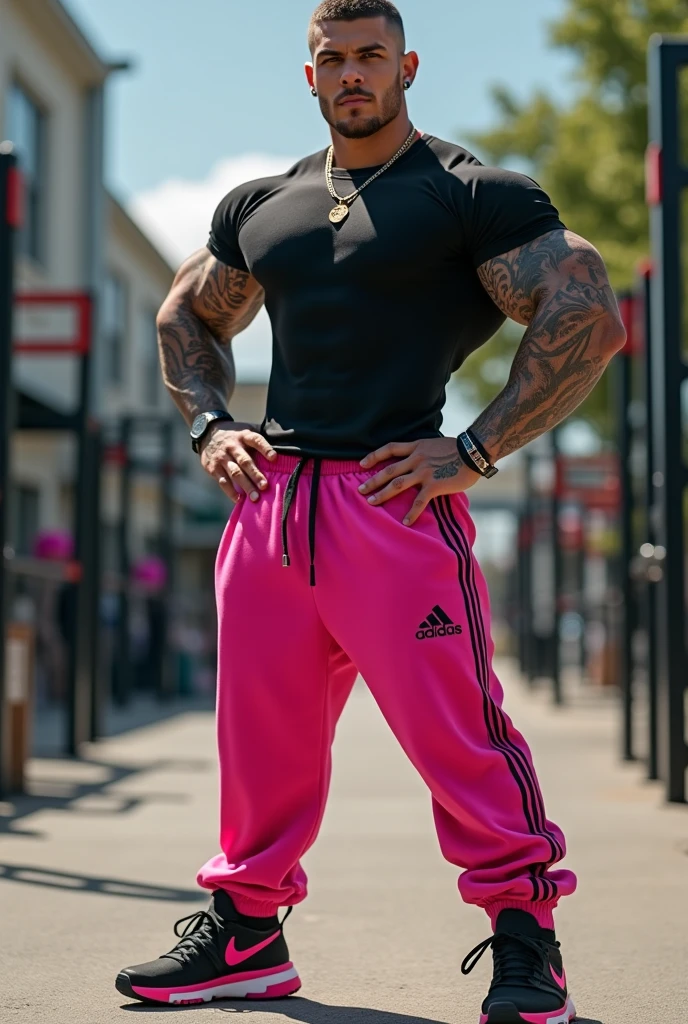 A muscular man wearing pink Adidas sweatpants, pink adidas shoes. He is not wearing a shirt and has a hairy body on his body. wearing a red sleeveless shirt. full body. masterpiece, High resolution, retina, quality, High details, bokeh, Hyperrealism,