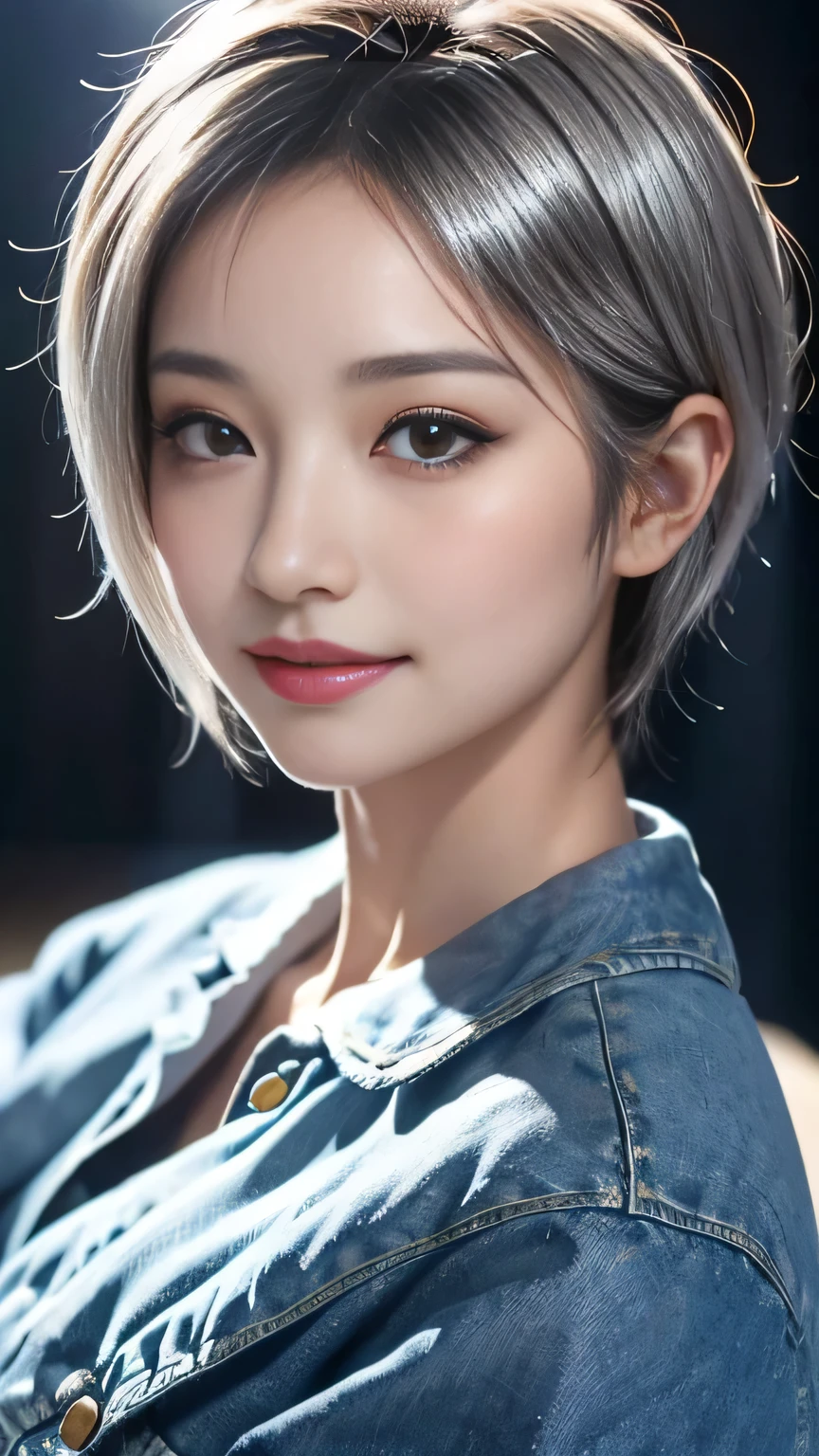 Realistic, masterpiece, Best Quality,  highest resolution, Portrait of a Japanese woman,  portrayal the whole body, Portrait Background, A happy smile, Turning slightly to the side, Always observe the audience,  beautiful, elaborately drawn eyes, Dark Eyes,  looks sleepy, Sparkling Eyes, ( hidden eyelid crease slightly to the side:1.2), Thin eyebrows, Draw eyelashes carefully,   natural makeup, ( short hair,   silver hair:1.3),   detail face , ( Face Closeup :1.3), (( denim skirt), pure white shirt )