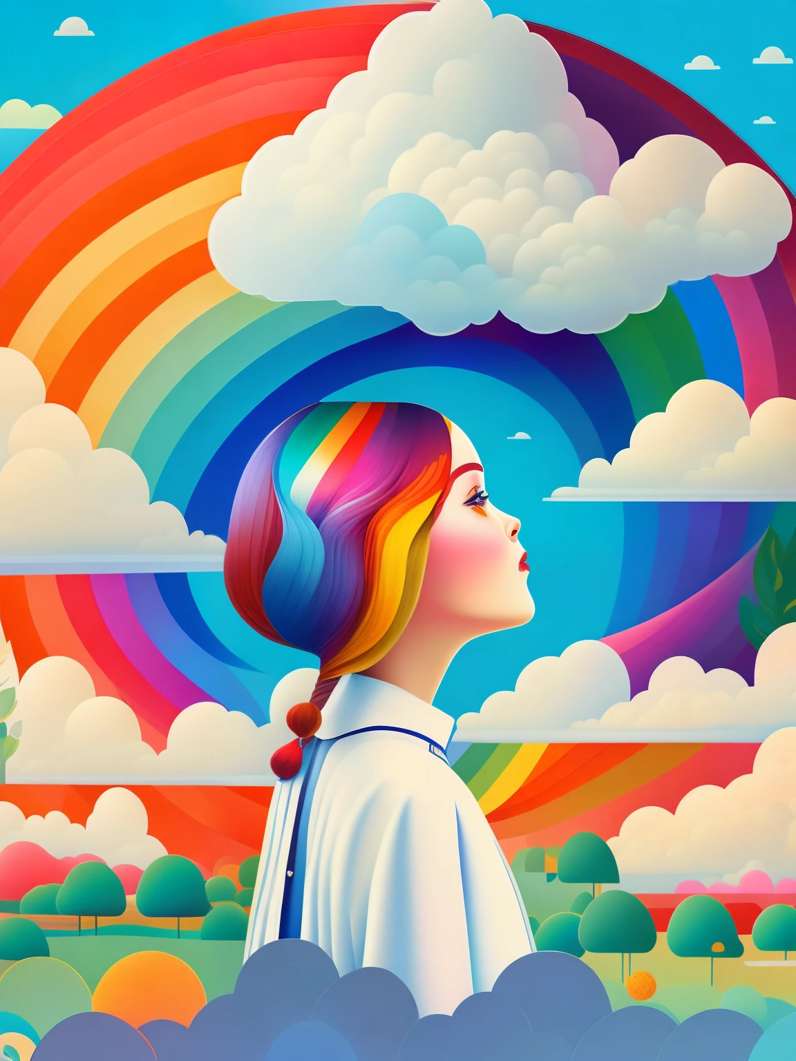 (masterpiece, best quality:1.2),art illustration，girl portrait，often neck，hair by clouds，baiyun，rainbow，The composition，stitching，dislocation，trees， rainbow,  , Contrasting colors, in the spring landscape, Abstract surreal colors,rich and colorful, popular geometric surrealism, rainbow-colored dream， icon design, Rozmin trip, Vector art，Exaggerated expression，