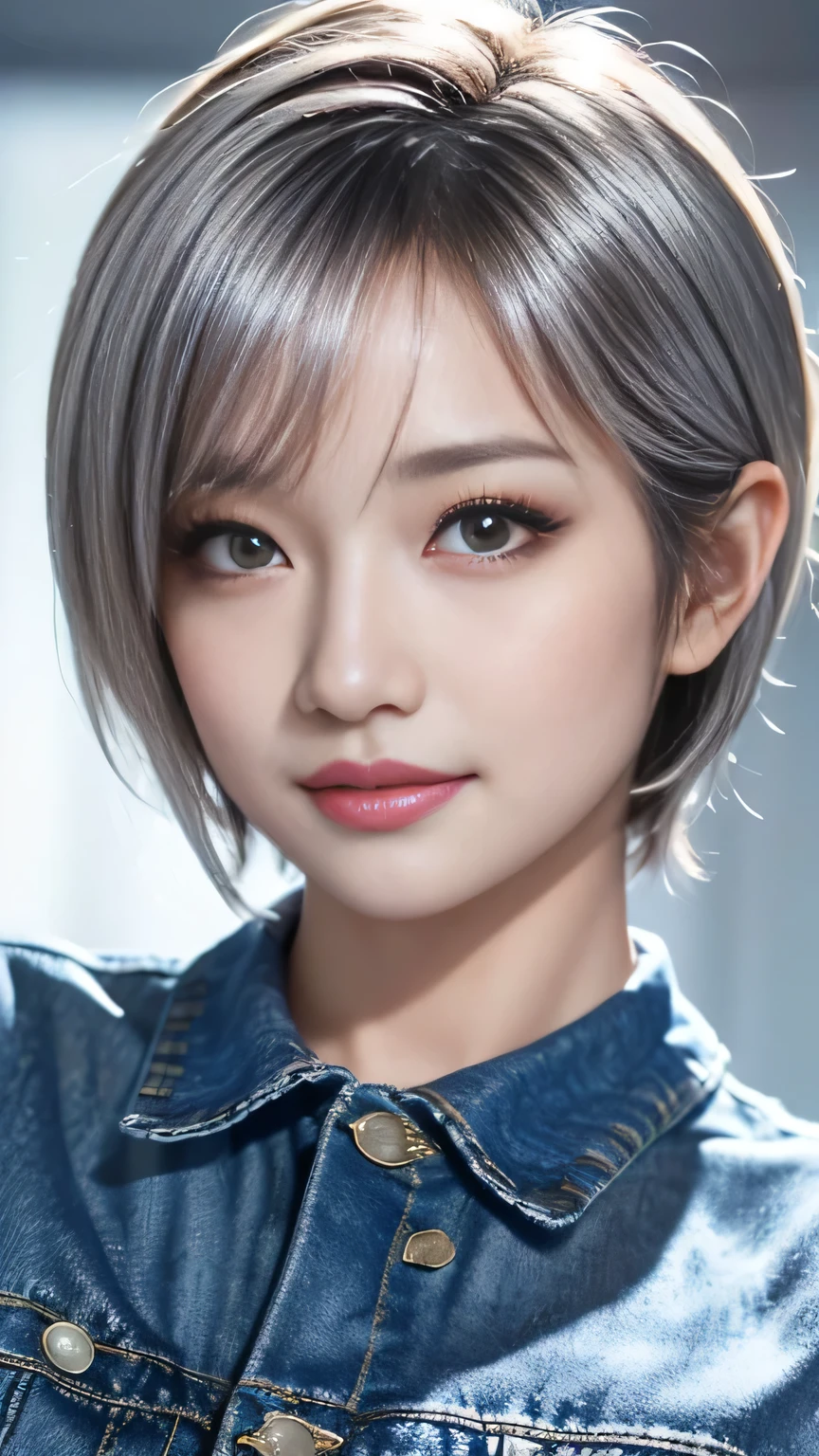 Realistic, masterpiece, Best Quality,  highest resolution, Portrait of a Japanese woman,  portrayal the whole body, Portrait Background, A happy smile, Turning slightly to the side, Always observe the audience,  beautiful, elaborately drawn eyes, Dark Eyes,  looks sleepy, Sparkling Eyes, ( hidden eyelid crease slightly to the side:1.2), Thin eyebrows, Draw eyelashes carefully,   natural makeup, ( short hair,   silver hair:1.3),   detail face , ( Face Closeup :1.3), (( denim skirt), pure white shirt )