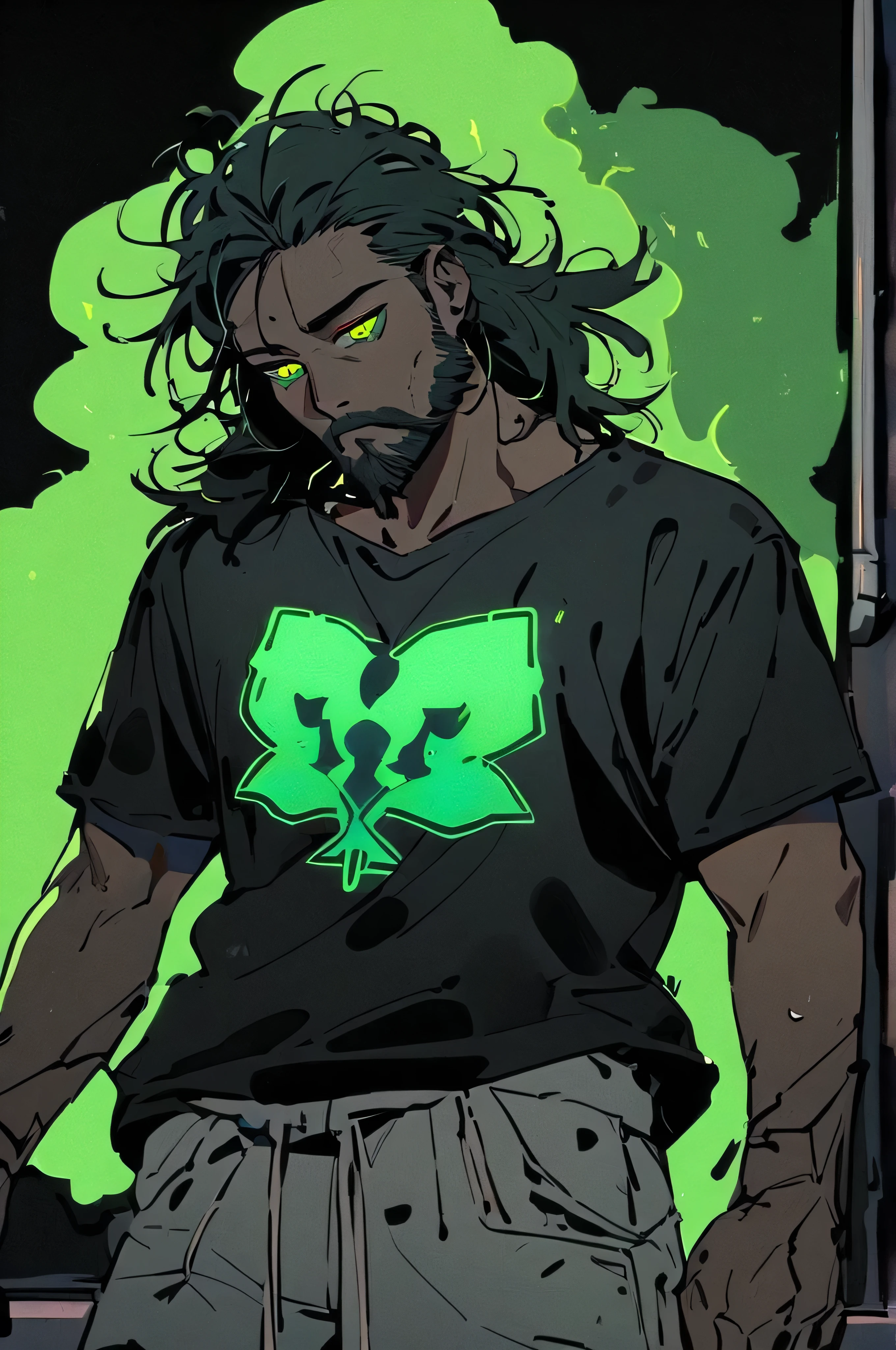 "Create an image of a young, laid-back superhero named Kushman. He has a slim, toned build and a relaxed posture. His hair is medium-length, messy, and unkempt, with a scruffy, unshaven beard. His eyes are half-closed, with red pupils, giving him a perpetually sleepy and carefree expression. He’s wearing a loose black t-shirt with a neon green marijuana leaf design on it, ripped jeans, and worn-out sandals. His outfit is simple and comfortable, reflecting his relaxed personality. He has a black mask around his eyes with a subtle neon green line around the edges, and his style is topped off with sneakers and a utility belt that holds pre-rolled joints and a water bottle. The background should be a cityscape with an urban, nighttime vibe. The atmosphere should be laid-back and chill, with smoke subtly swirling around him, glowing faintly in neon green. Include his casual yet confident dem