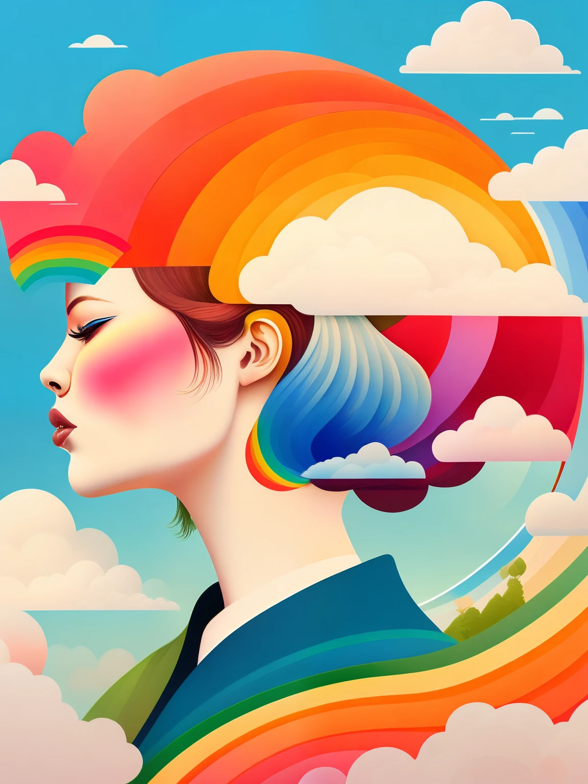 (masterpiece, best quality:1.2),art illustration，girl portrait，often neck，hair by clouds，baiyun，rainbow，The composition，stitching，dislocation，trees， rainbow,  , Contrasting colors, in the spring landscape, Abstract surreal colors,rich and colorful, popular geometric surrealism, rainbow-colored dream， icon design, Rozmin trip, Vector art，Exaggerated expression，