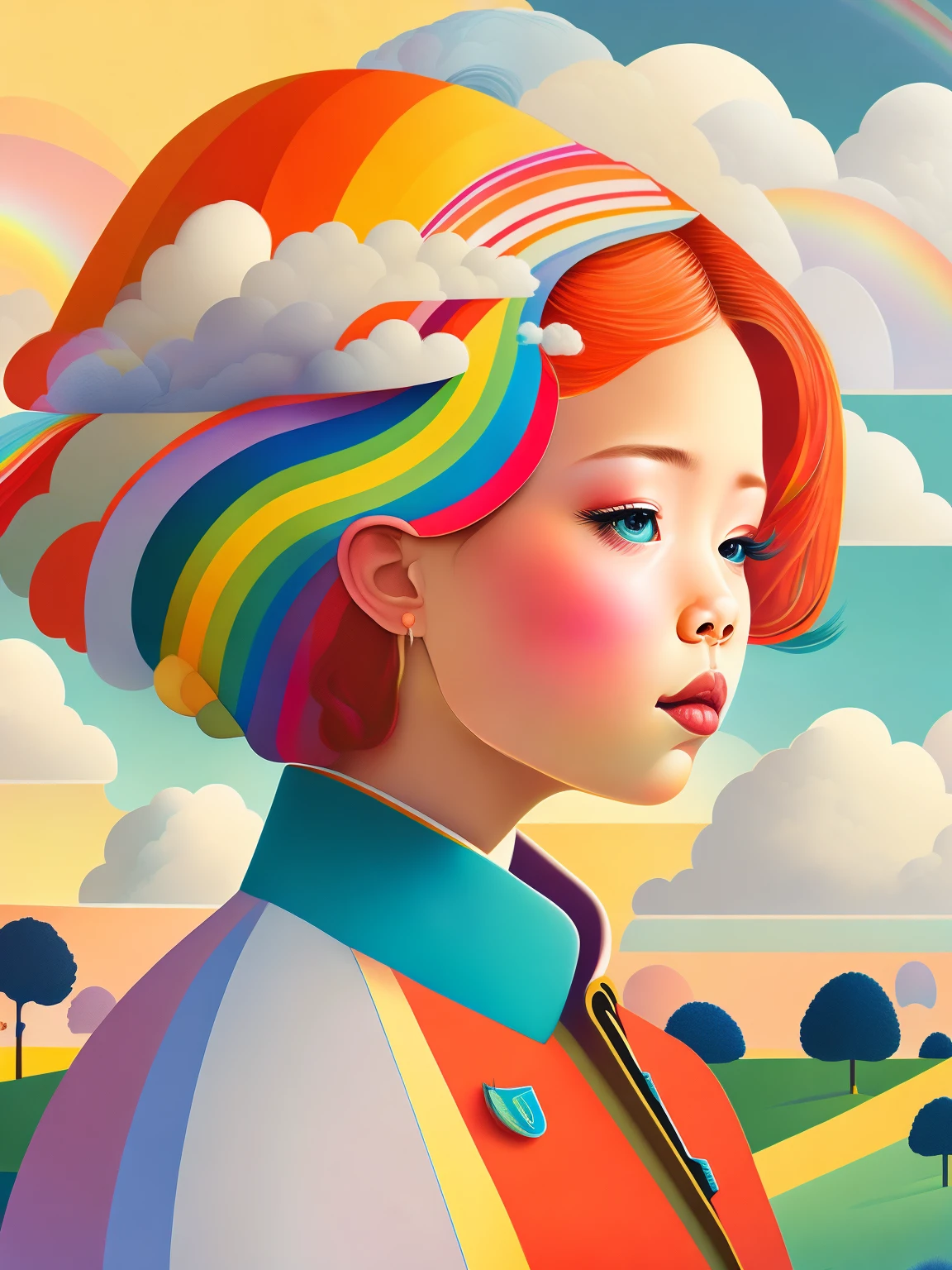 (masterpiece, best quality:1.2),art illustration，girl portrait，often neck，hair by clouds，baiyun，rainbow，The composition，stitching，dislocation，trees， rainbow,  , Contrasting colors, in the spring landscape, Abstract surreal colors,rich and colorful, popular geometric surrealism, rainbow-colored dream， icon design, Rozmin trip, Vector art，Exaggerated expression，