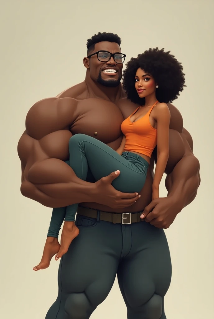 A colossal muscular man holding a small black woman by her throat against a wall, and she she's holding  his hand while he has a belt in his other hand