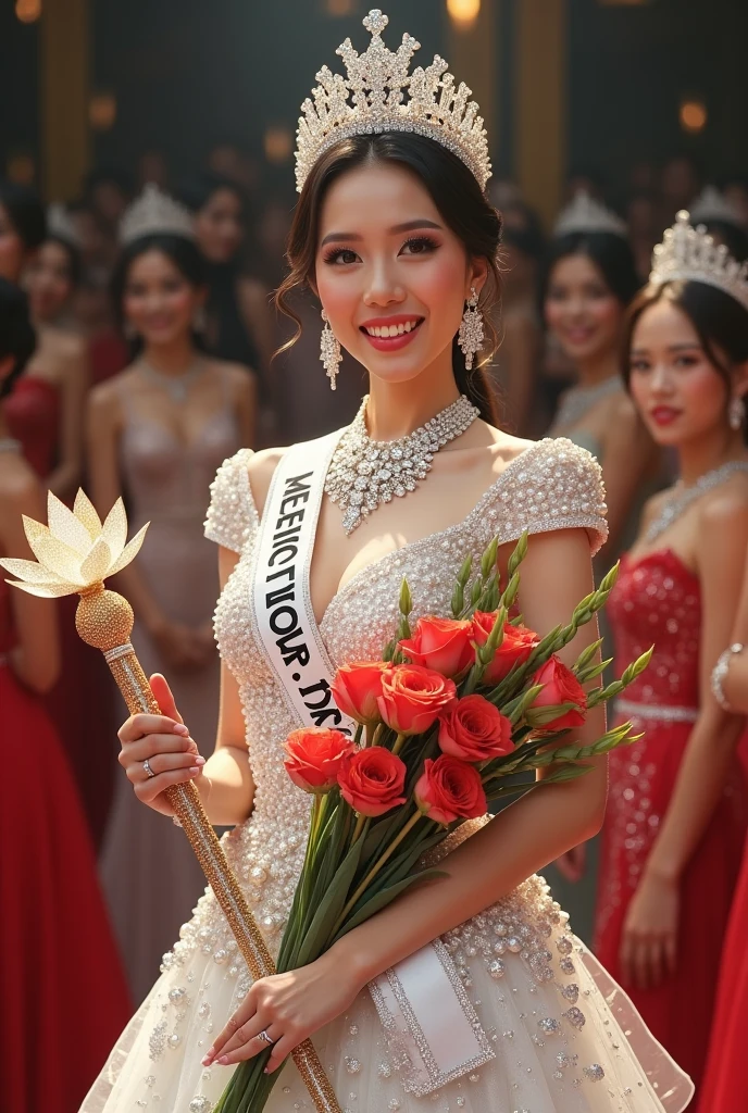 Create an image of Miss Vietnam wearing a super sparkling white evening dress studded with 999 ,999,999 diamonds are attached to the evening dress and have a crown made of diamonds and have a pearl holder with gemstones and quartz stones and have a necklace in the shape of a water drop made of gold pearls and diamonds attached and a lady ruling a scepter with a blooming golden lotus top with a pearl appliqué around the diamond body and tail and hold the bouquet . Stand with more than 100 contestants rejoice that she