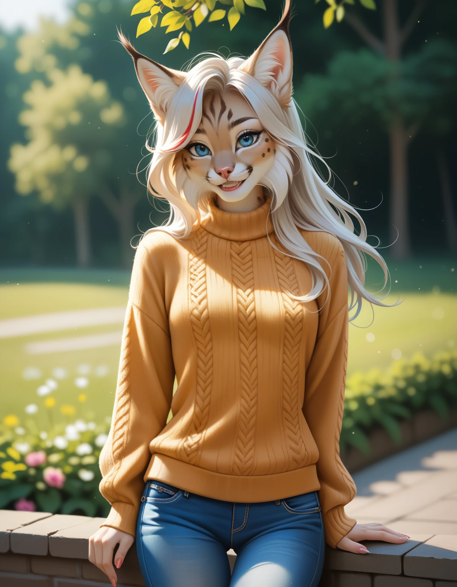 score_9,score_8_up,score_7_up,source_anime, 1girl, solo, digital_media_(artwork) hi_res,, beautiful, anthro, furry, female, furry female, detailed textured fur, fur tufts, lynx, slim, slender, small breasts, cute, sweater, denim jeans, multicolor hair, streaked hair, red blue blonde silver hair, blonde fur, beautiful blue eyes, smile, solo, 