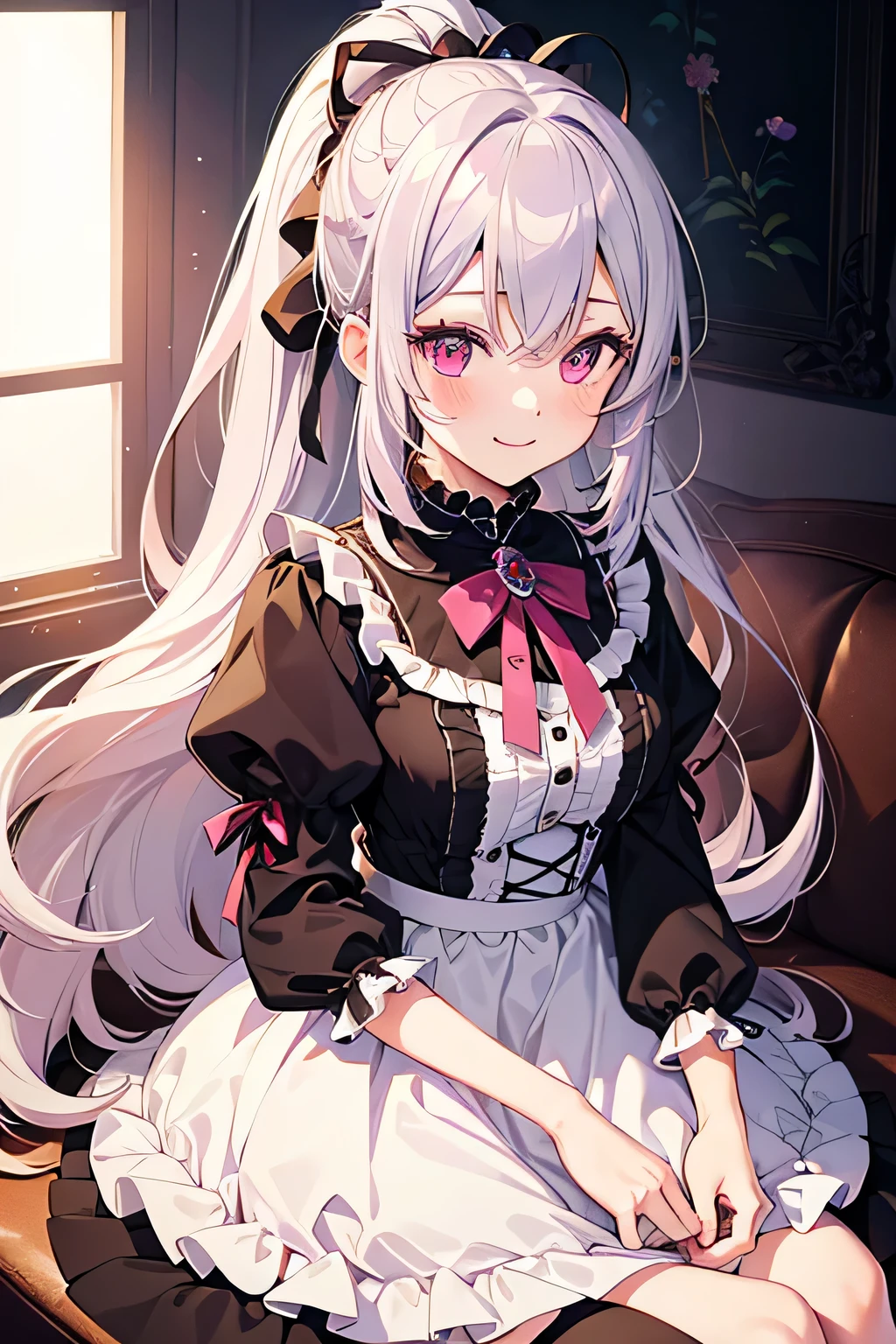 table top, highest quality, (perfect face:1.1), (high detail:1.1), (very detailed目), dramatic, Ultra-fine illustration, very detailed,1 girl, teenager,(pale skin), Happy, smile, enjoy,open your mouth,glow eye,silver hair, (long twin tails),mysterious eyes, pink eyes,blush, alone,swollen lips,cinematic lighting,Upper body,look up,Learn positively,lolita clothes, pink and white,frills, ribbon, long sleeve,knee high socks, indoor,living room,night