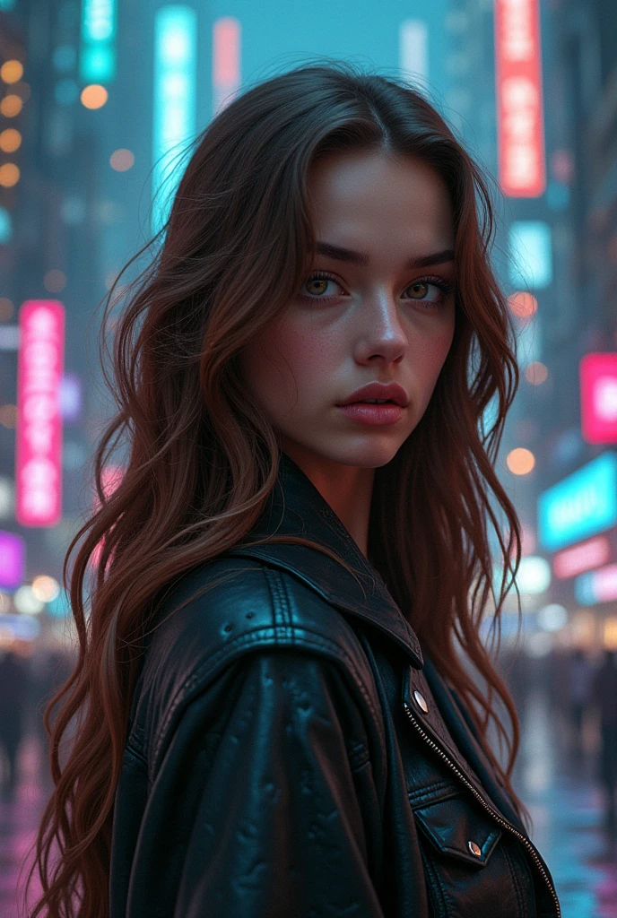 Young woman with long brown and wavy hair, cyberpunk ambiance