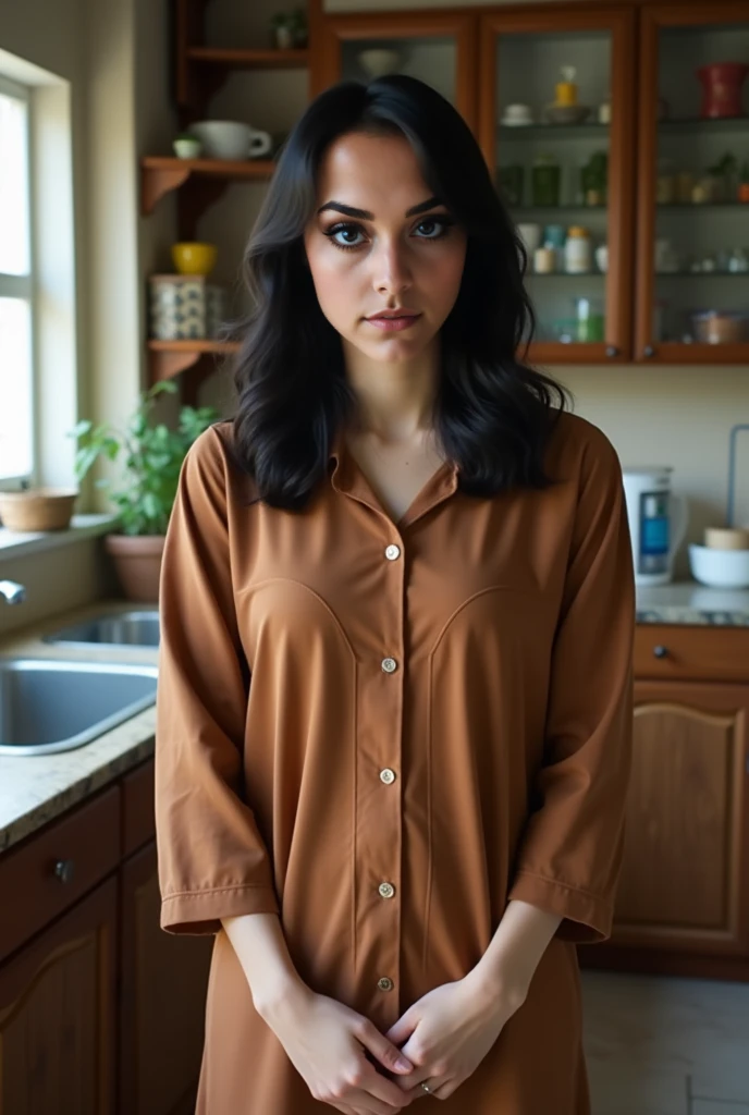 Real human photo, Fika is a young woman with shoulder length wavy black hair , medium body, and fair skin. She has well-defined eyebrows, large black eyes, and a neutral expression on her face. She is wearing a brown Indonesian home casual dress called daster, standing facing forward in the kitchen with expression litle smile. Real human photo. Full body.