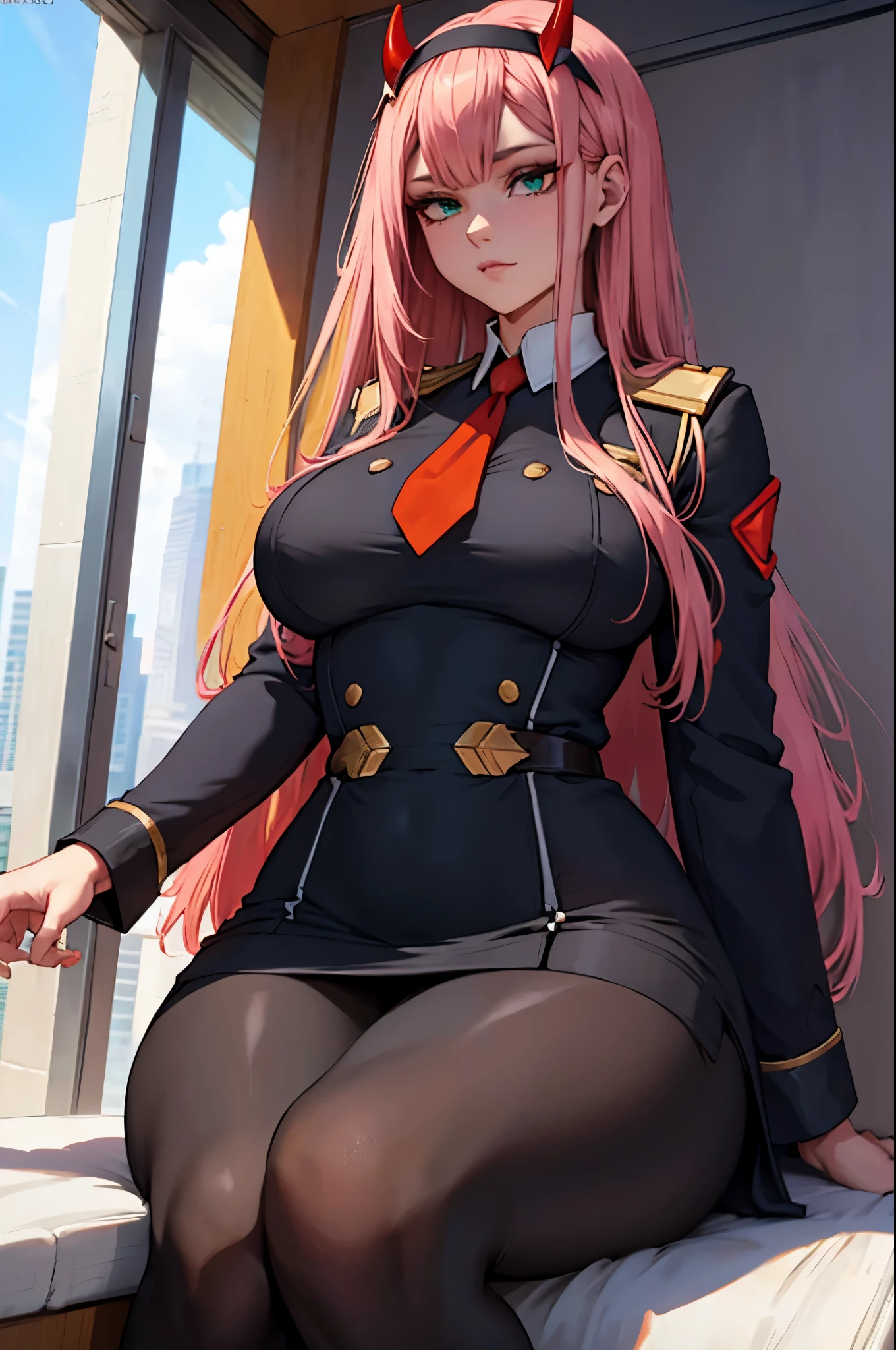 ((plump breasts)), (jambes grasses), ((skyscraper)), ((perfect hands)), ((glossy pantyhose)), (finely detailed eyes and detailed face:1.3), (extremely fine and beautiful:1.1), (Perfect details:1.1), Darling in the fanxx, Zero two, horns, hairband, long hair, pink hair, green eyes, orange necktie, military uniform, red dress, ((glossy black pantyhose)), (view from below), sitting, profil view