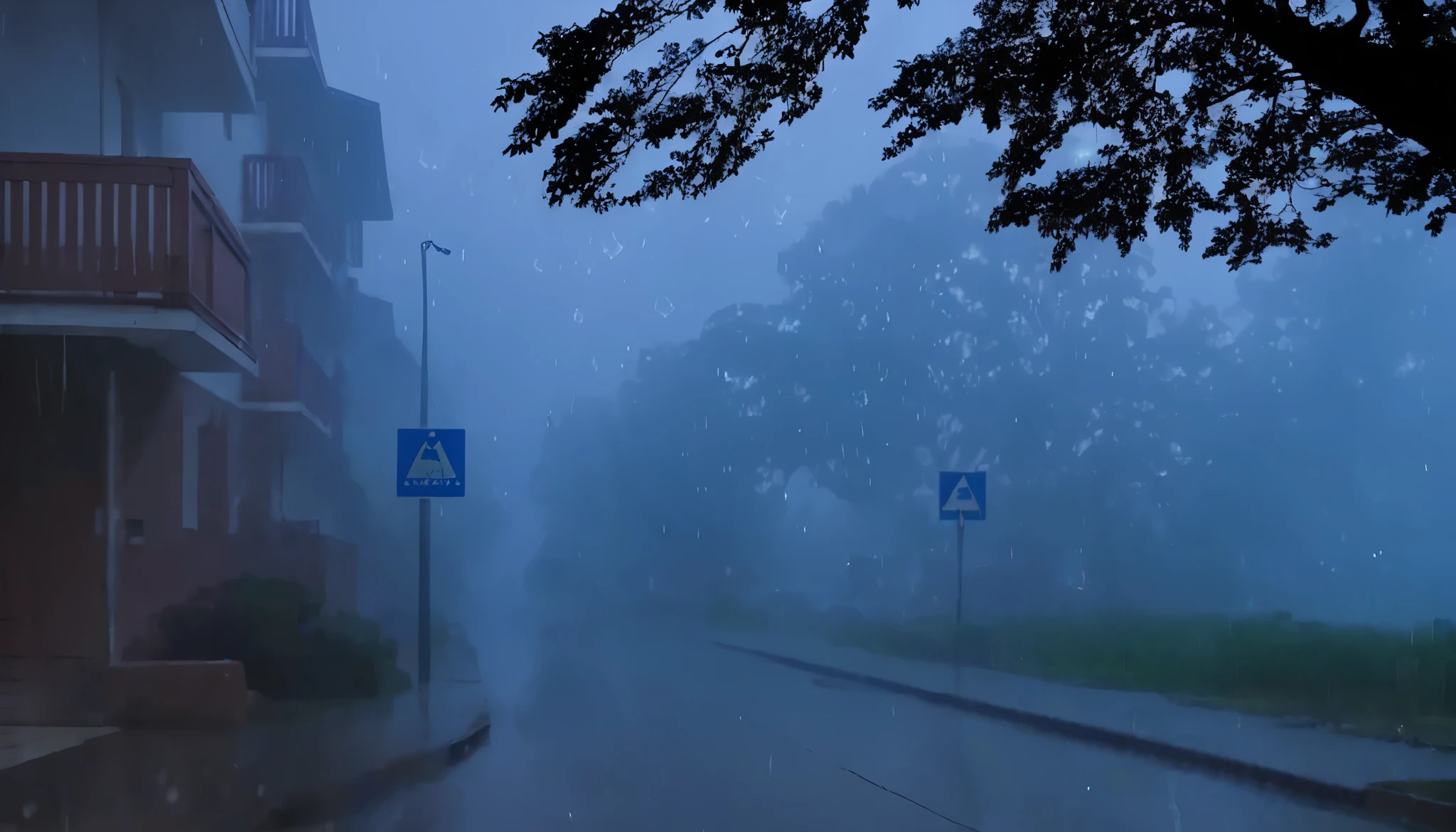 an intersection of a deserted street at night and a very foggy day, And the floor is all wet