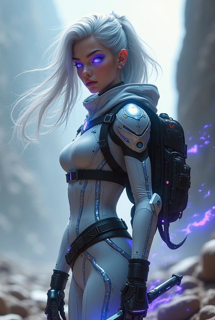 Hair: far away, silver, with a slight blue glow on tips , cut into uneven layers to give a dynamic look .
eyes: eyes violeta, with a slight sheen that changes color depending on your active abilities.
clothes: Lightweight armor made of flexible metallic material , with neon details and an elegant cloak , that changes color depending on the environment ( for camouflage ).
Accessories : Technological gloves that channel your abilities , an energy sword , and a backpack with tools for exploration .
Skills: