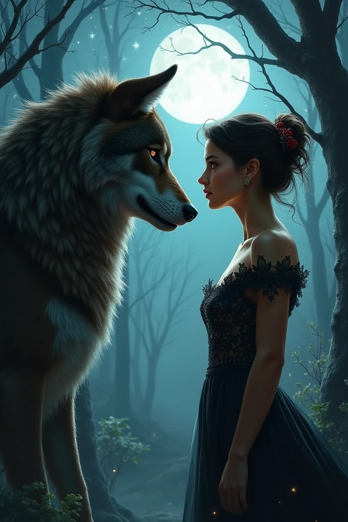 A woman talking with warewolf at night 