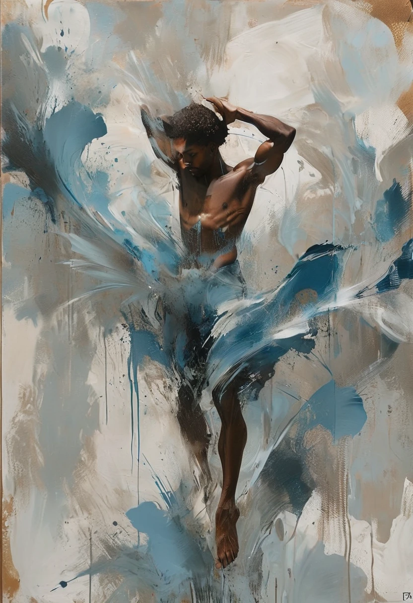 Paint a african american modern male figure in a graceful pose, but with parts of his form blending into abstract shapes as if he's moving or melting into the background.
Use dark tones like deep blue, black, and shades of grey, with highlights to emphasize movement and form.
The abstract shapes could represent emotions or moments in time, making the artwork feel dynamic and introspective.
Focus on creating fluidity and flow in the figure, emphasizing the beauty of movement rather than any specific aspect of identity.