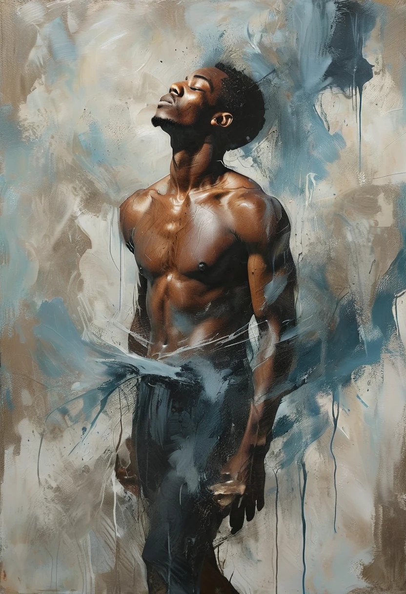 Paint a african american modern male figure in a graceful pose, but with parts of his form blending into abstract shapes as if he's moving or melting into the background.
Use dark tones like deep blue, black, and shades of grey, with highlights to emphasize movement and form.
The abstract shapes could represent emotions or moments in time, making the artwork feel dynamic and introspective.
Focus on creating fluidity and flow in the figure, emphasizing the beauty of movement rather than any specific aspect of identity.