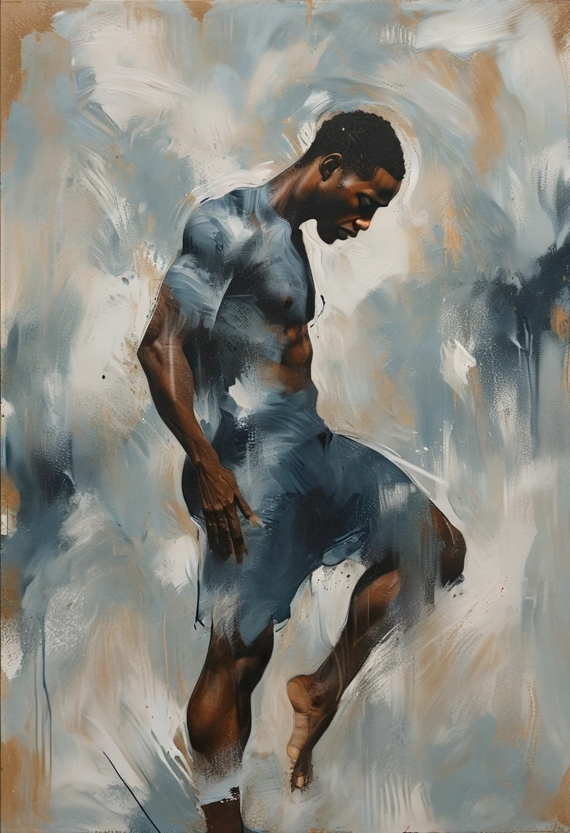 Paint a african american modern male figure in a graceful pose, but with parts of his form blending into abstract shapes as if he's moving or melting into the background.
Use dark tones like deep blue, black, and shades of grey, with highlights to emphasize movement and form.
The abstract shapes could represent emotions or moments in time, making the artwork feel dynamic and introspective.
Focus on creating fluidity and flow in the figure, emphasizing the beauty of movement rather than any specific aspect of identity.