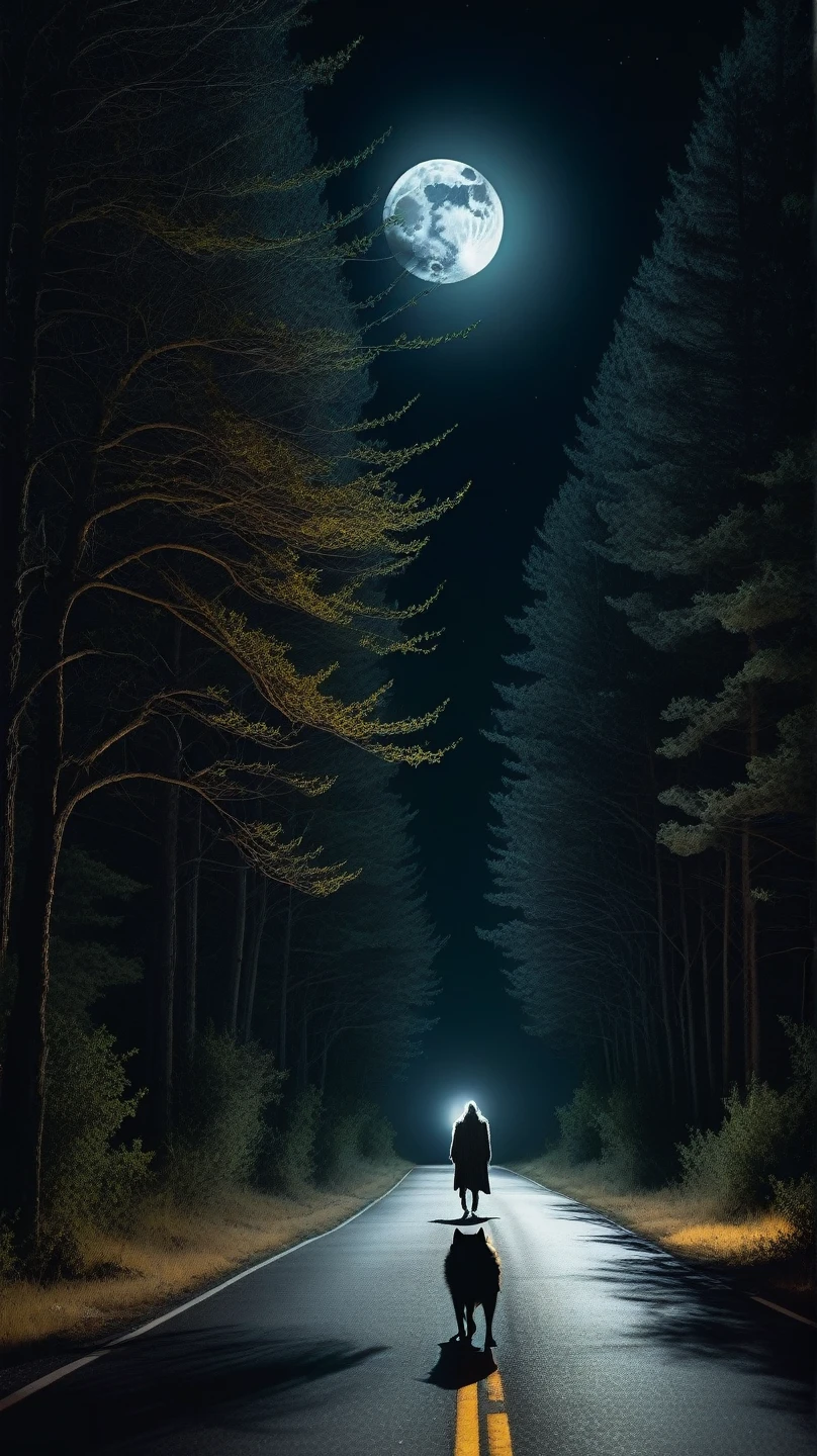 A deserted road at night with the light of a full moon illuminating the path, and a hesitant human figure in the center , with a Werewolf in its full form , watching from afar, hidden among the trees