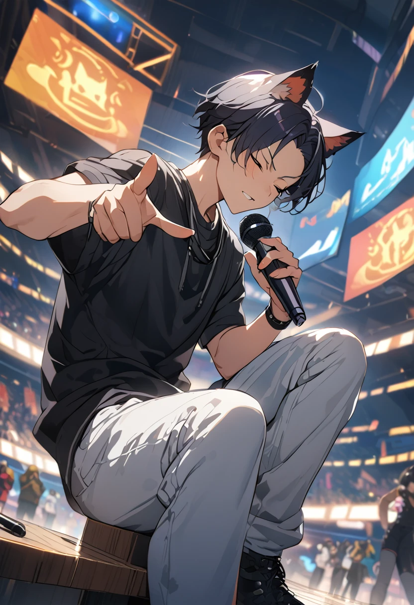 score_9,score_8_up,score_7_up,source_anime,rating_safety,masterpiece,best quality,hyper detailed,super fine illustration,8k,dynamic angle,BREAK 1 cool boy,solo,20yo,cat ears,(closed eyes:1.3),black hair,rapper,BREAK grey jacket,black shirts,pants,BREAK (holding_microphone:1.4),BREAK pointing for viewer,BREAK he is doing rap battle with fox enemy,BREAK live house,detailed background,BREAK dark atmosphere,