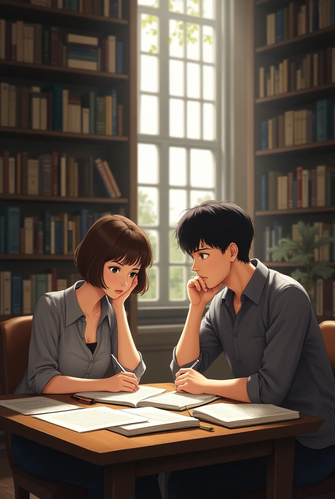 draw a grown woman who has brown short hair and black eyes, and draw a grown man who has black hair and brown eyes. they are study in library together