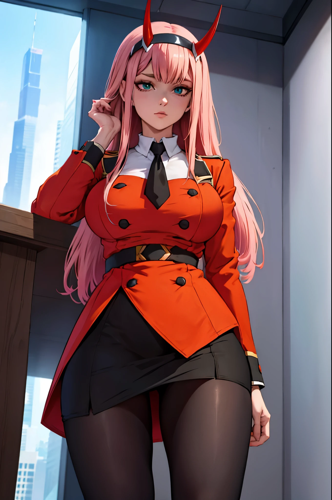 ((plump breasts)), (jambes grasses), ((skyscraper)), ((perfect hands)), ((glossy pantyhose)), (finely detailed eyes and detailed face:1.3), (extremely fine and beautiful:1.1), (Perfect details:1.1), Darling in the fanxx, Zero two, horns, hairband, long hair, pink hair, green eyes, orange necktie, military uniform, red dress, ((glossy black pantyhose)), (view from below), sitting, profil view