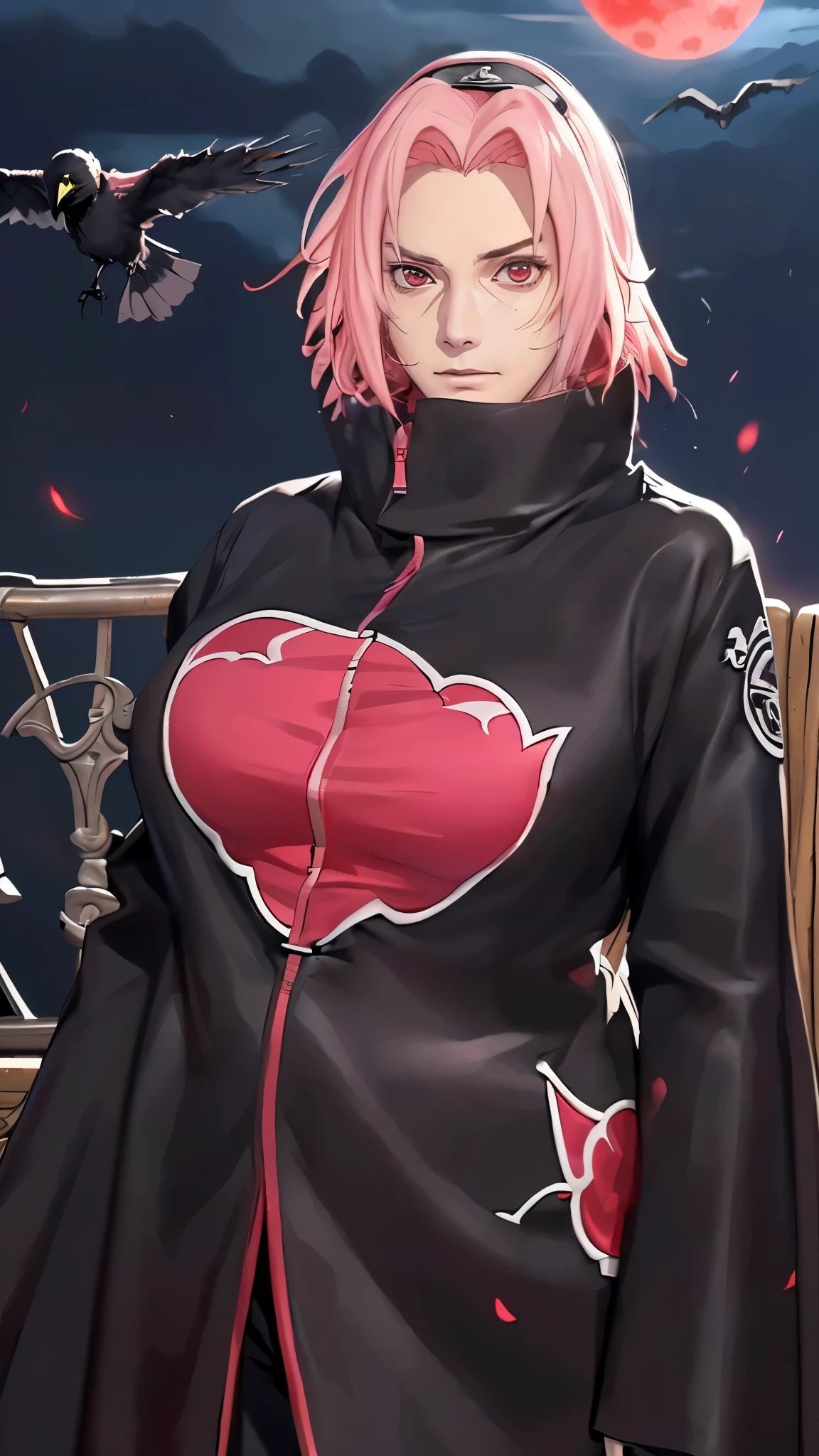 (((figure,御姐figure,White and tender skin,(((akatsuki outfit,coat, cloak, black coat, black cloak, ( Xiao uniform :1.5) ))),(((Sasuke Boruto,sakura warshippuden, red eyes, bangs,Pink short hair))),,((masterpiece)), highres icon,((Best quality at best)),masterpiece,quality,Best quality,((( to the audience,Light in the eyes,sneer))), huge ,Backlight,The light is very dim,The crow stands on the shoulder,Red Moon,The background of depression and horror,)))