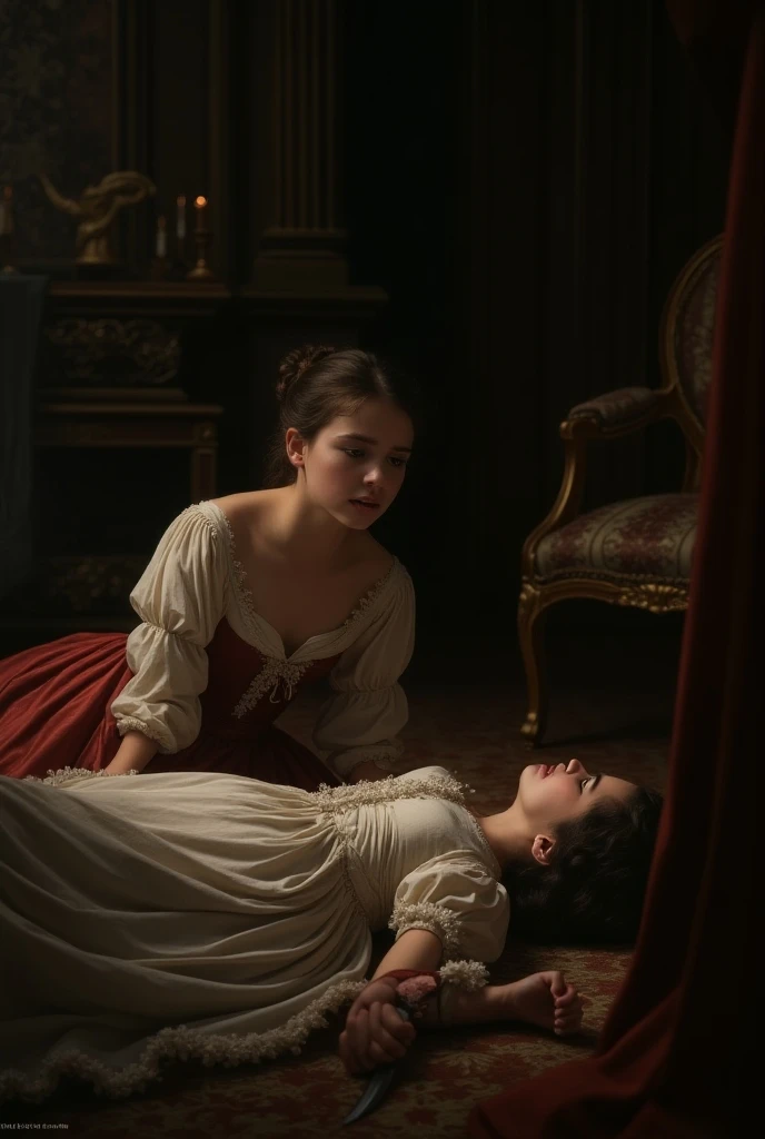 You can add that they are both on the floor and the boy stabs the girl and that the girl wears a dress like those of the nobility of the 1700s