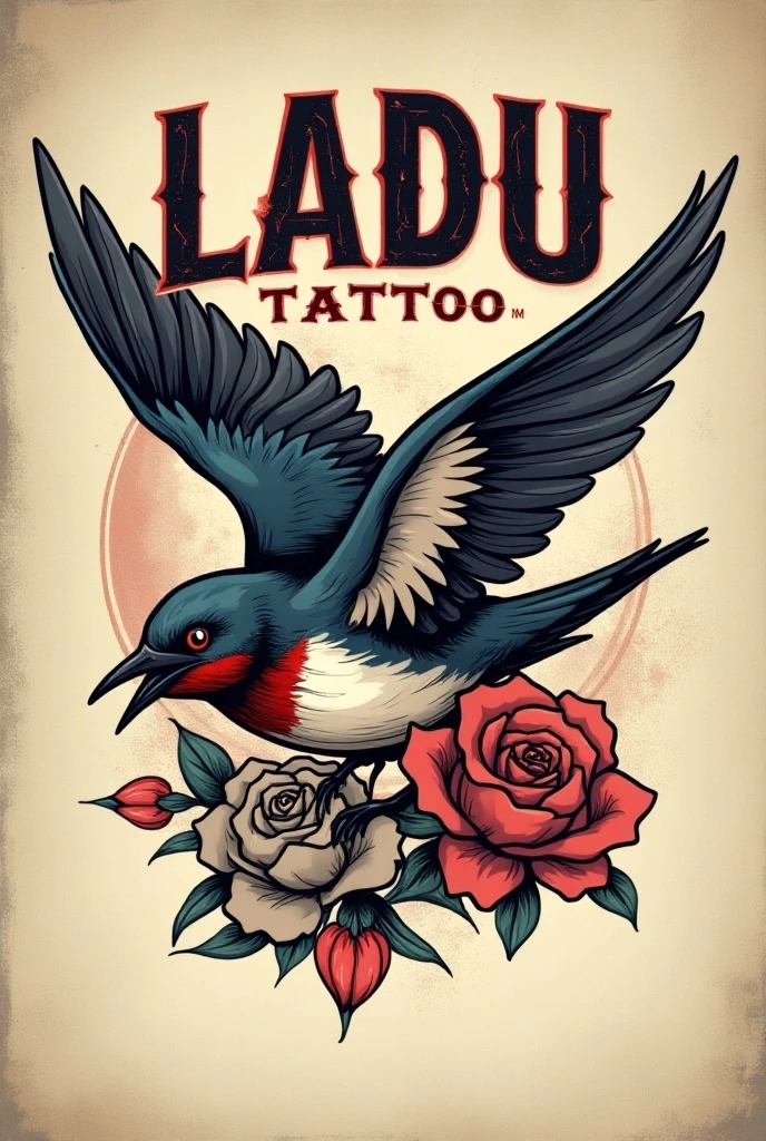 Una ilustración estilo old school ((old school)) with two swallows , style illustration that works as the logo of a tattoo studio. Título LADU TATTOO en letras potentes en la parte superior. ((((LADU TATTOO )))). grays and reds. old school.