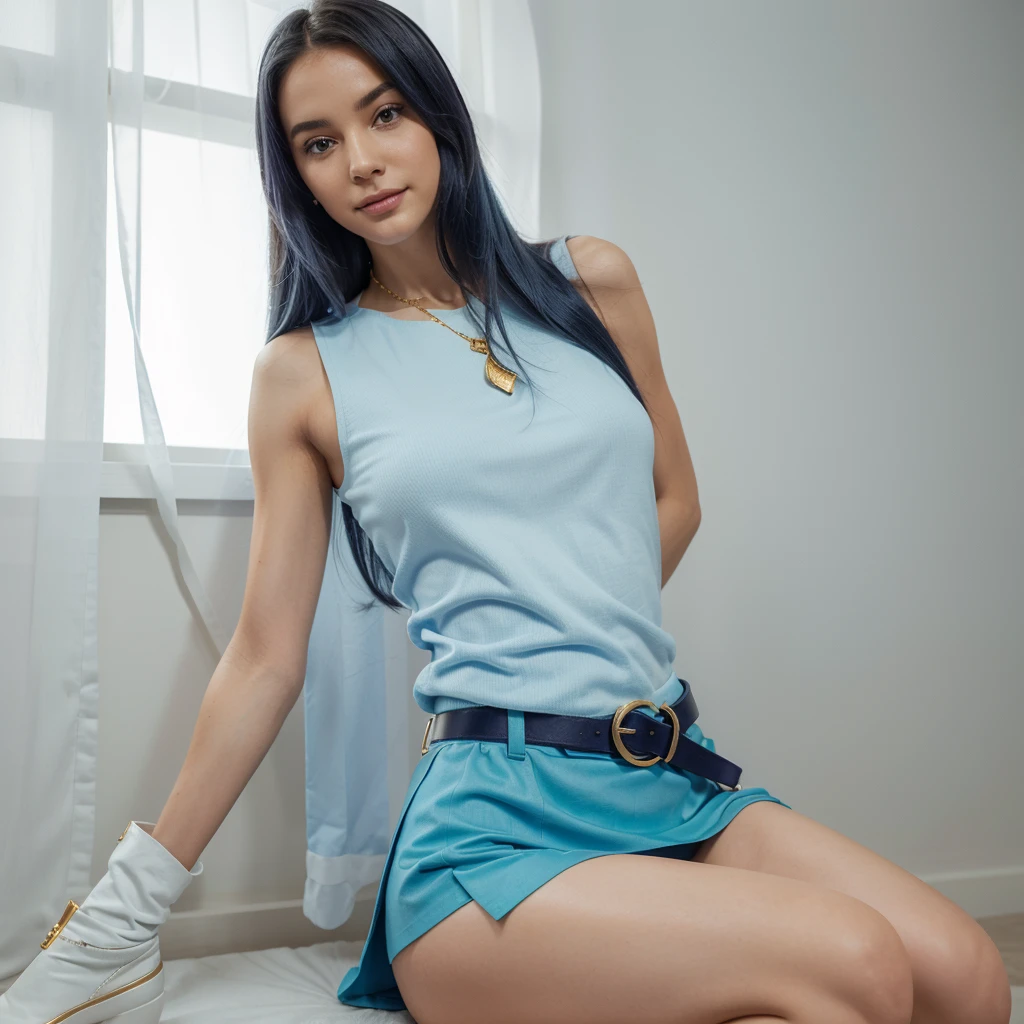Sorrindo,Aqua is a tall and slender young woman , with long, smooth hair in a vibrant shade of light blue , that go down the middle of her back and give her a angelic and stately look . Your eyes, also blue and intense , convey her emotions in an expressive way . Her outfit is a mix of divine elegance and practicality : she wears a fitted blue sleeveless top , a purple belt with a gold brooch , and a short blue skirt with white details that emphasize your youth and femininity. Her high boots and white socks complete the look , with a touch of sophistication . To reinforce her heavenly identity , she wears a gold necklace with a divine pendant . Her appearance is a combination of innocence and arrogance , reflecting her unique personality .