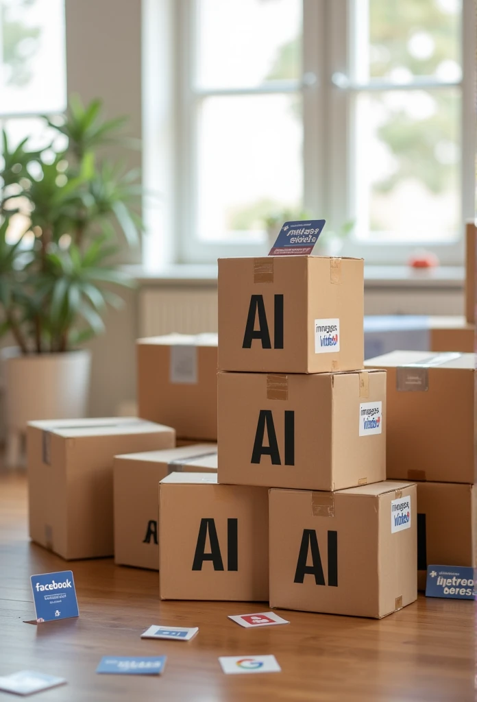 ((masterpiece)) ((photography)) ((Highest quality)) Realistic scene of a moving process, with stacked cardboard boxes labeled with "AI" in bold letters, some featuring stickers marked "images" and "videos." Scattered among the boxes are visible Facebook logos. The setting is a minimalist modern apartment with natural light filtering through large windows, and a sense of organized chaos in the atmosphere.