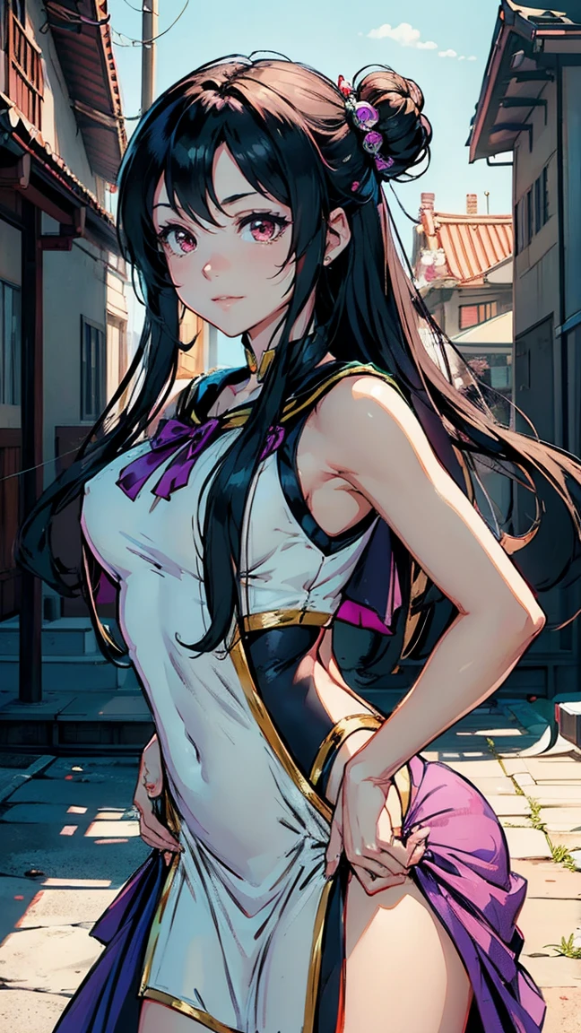 best quality, masterpiece, 1girl, (solo:1.1), raytracing, ultra detailed,detailed face, 8k wallpaper, wide hips, smile, HimejimaAkenoNDV, 1girl, black hair, small breasts,  very long hair, purple eyes, red skirt, , shirt, corset, ponytail, hair ribbon, ribbon, outdoor, (wet clothes)、(view visible through clothes:1.0)、(view:1.0), black bra visible, cleavage, black panties, BREAK, sit  under the rain, wet clothes, in dynamic pose 