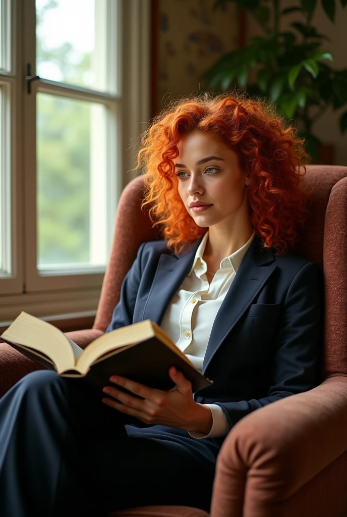 A 22-year-old Brazilian woman, with curly red hair and green eyes, sitting on a luxurious sofa reading a book near a window. wearing luxury formal wear. 8k realistic.
